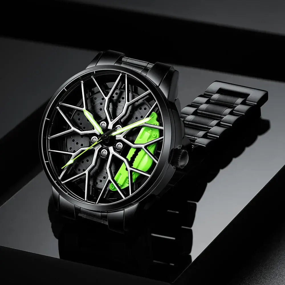 Montre Homme Quartz Sport 3D Étanche SVJ avec bracelet en acier inoxydable noir et détails verts, modèle 2050.