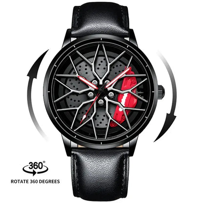 Montre Homme Quartz Sport 3D Étanche SVJ avec bracelet en acier inoxydable, affichage rotatif à 360 degrés, cadran noir et rouge.