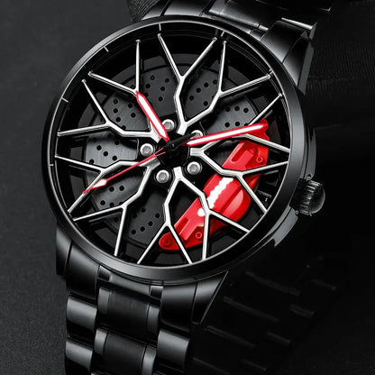 Montre Homme Quartz Sport SVJ avec bracelet en acier inoxydable et design 3D étanche, boîtier alliage noir, index rouge et noir.