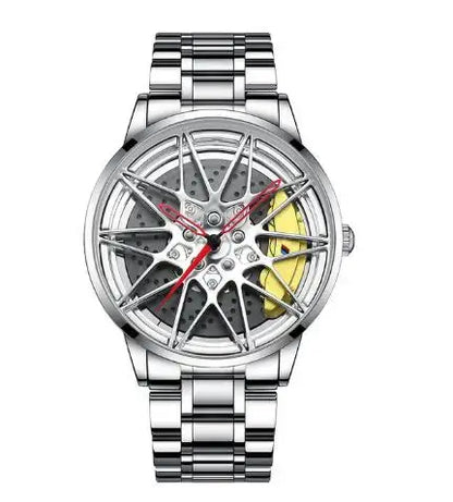 NIBOSI Super Car Rim Hub Waterproof watch with stainless steel band, quartz movement, and shock-resistant features.