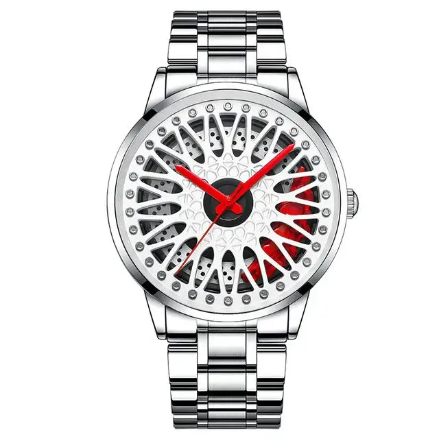 NIBOSI Limited Edition Super Car Rim Hub Quartz Watch with Stainless Steel Band and Push Button Hidden Clasp