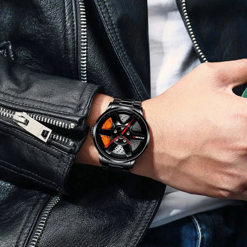 Montre NIBOSI Super Car Rim Hub Waterproof watch with stainless steel band and push-button hidden clasp worn on wrist