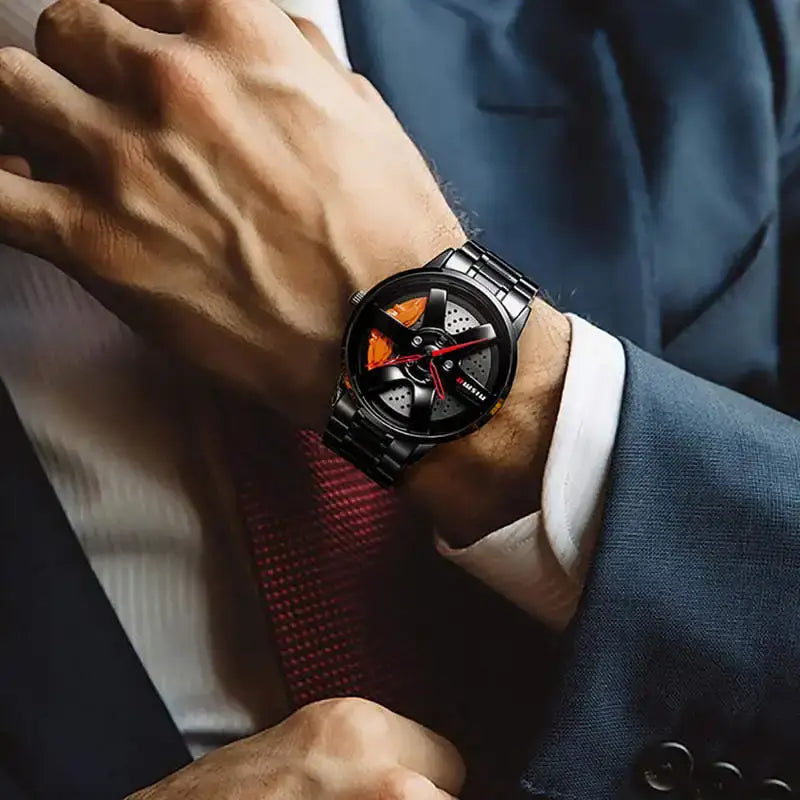 Montre NIBOSI Super Car Rim Hub Waterproof watch with stainless steel band worn by a man in a suit.