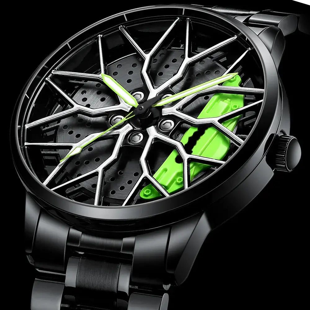 Montre Homme Quartz Sport 3D Étanche SVJ avec bracelet en acier inoxydable et cadran noir et vert, modèle 2050.