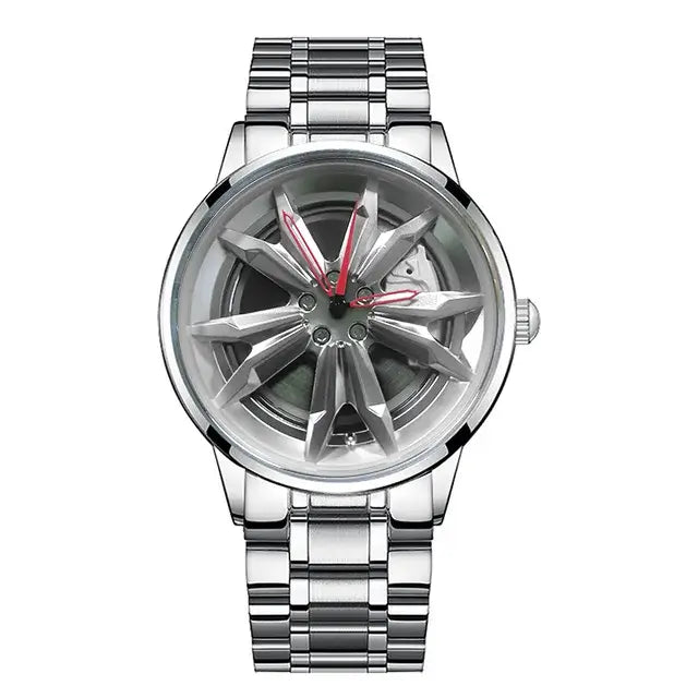 Stainless steel NIBOSI Super Car Rim Hub waterproof watch with push button clasp, quartz movement, and 3Bar water resistance.