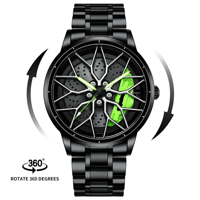 Montre Homme Quartz Sport 3D Étanche SVJ avec cadran rond, bracelet en acier inoxydable, fond noir et détails verts, rotation à 360 degrés.