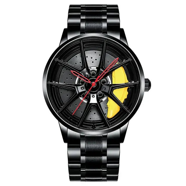 Montre NIBOSI Super Car Rim Hub Waterproof, stainless steel band, limited edition, black dial with red hands and yellow accent