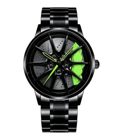 NIBOSI Super Car Rim Hub Waterproof watch with black stainless steel band and green accents.