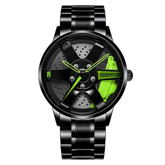 Montre NIBOSI Super Car Rim Hub Waterproof watch with black stainless steel band and green accents, featuring back light and shock resistance.