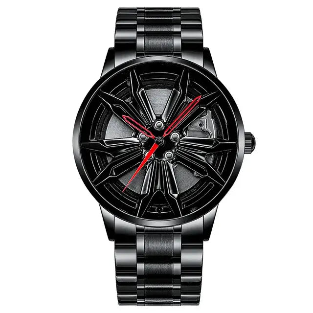 NIBOSI Super Car Rim Hub Waterproof Watch with Stainless Steel Band and Quartz Movement, featuring a stylish black design and red accents