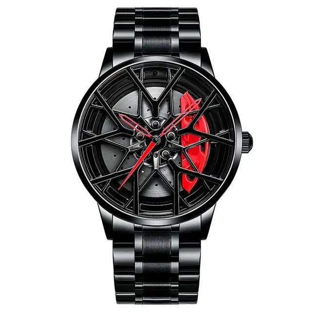 NIBOSI Super Car Rim Hub Waterproof Watch with Stainless Steel Band and Red Accents