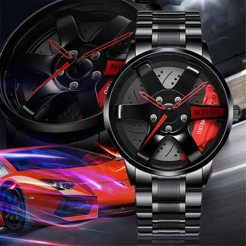 Montre en acier pour hommes 2024 au design sport et militaire, bracelet en acier inoxydable, affichage analogique, fond de voiture de sport.