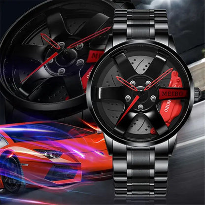 Montre en acier pour hommes 2024 au design sport et militaire, bracelet en acier inoxydable, affichage analogique, fond de voiture de sport.