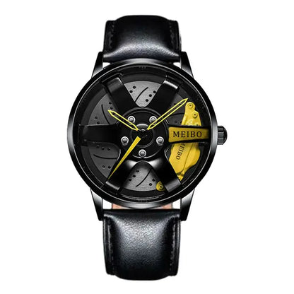 Montre Meibo noire et jaune pour hommes avec bracelet en cuir noir, design sportif et militaire, cadran en acier inoxydable.